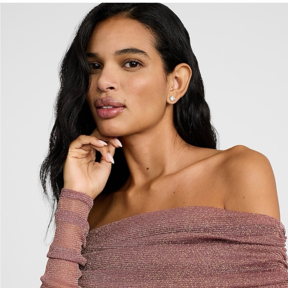 Express Metallic Mesh Fold Over Off The Shoulder Ruched Midi Dress - Picture 4 of 7